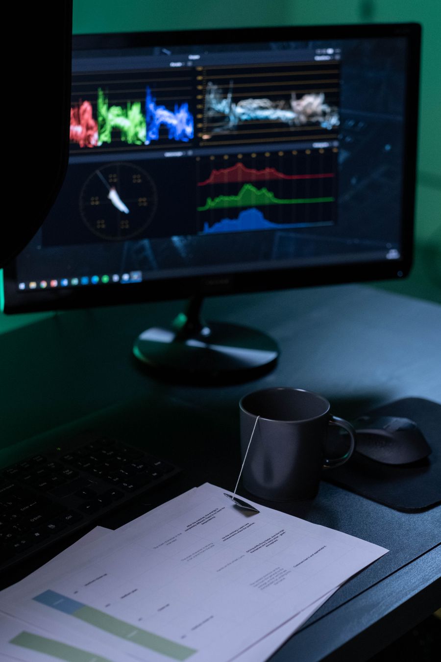 Monitor showing analytics dashboards in a dim office